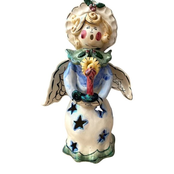 Blue Sky Heather Goldminc Angel Candle Tea Light Holder 2001 Holly Berry - Picture 2 of 7